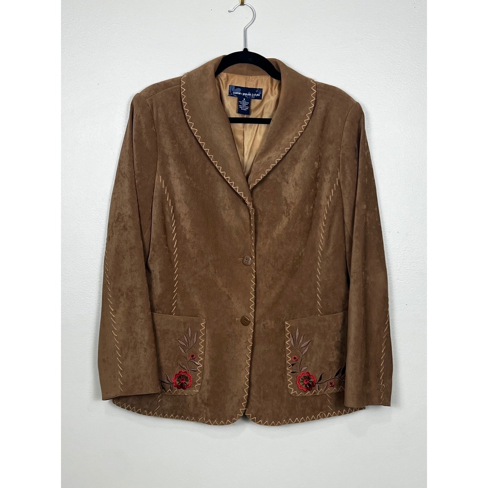 Susan Graver Brown Faux Suede Embroidered Floral Western‎ Blazer Jacket Womens S